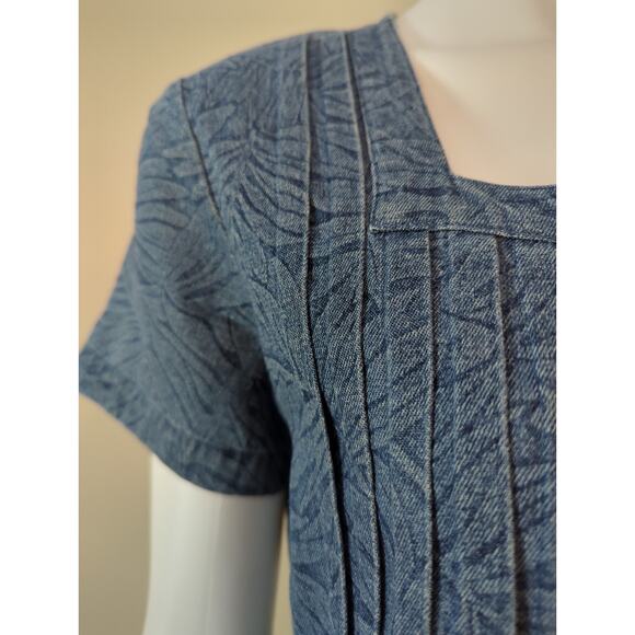 Coldwater Creek Blue Palm Print Layered Chambray Denim Dress Buttons Women Sze 8 - Picture 5 of 7